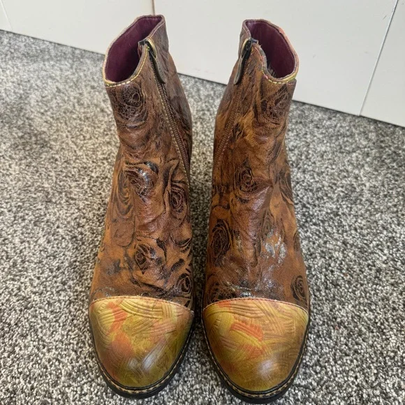 L’artiste Water lily Ankle Booties Boots Size 40 Side Zip Floral Brown Leather - Picture 2 of 9